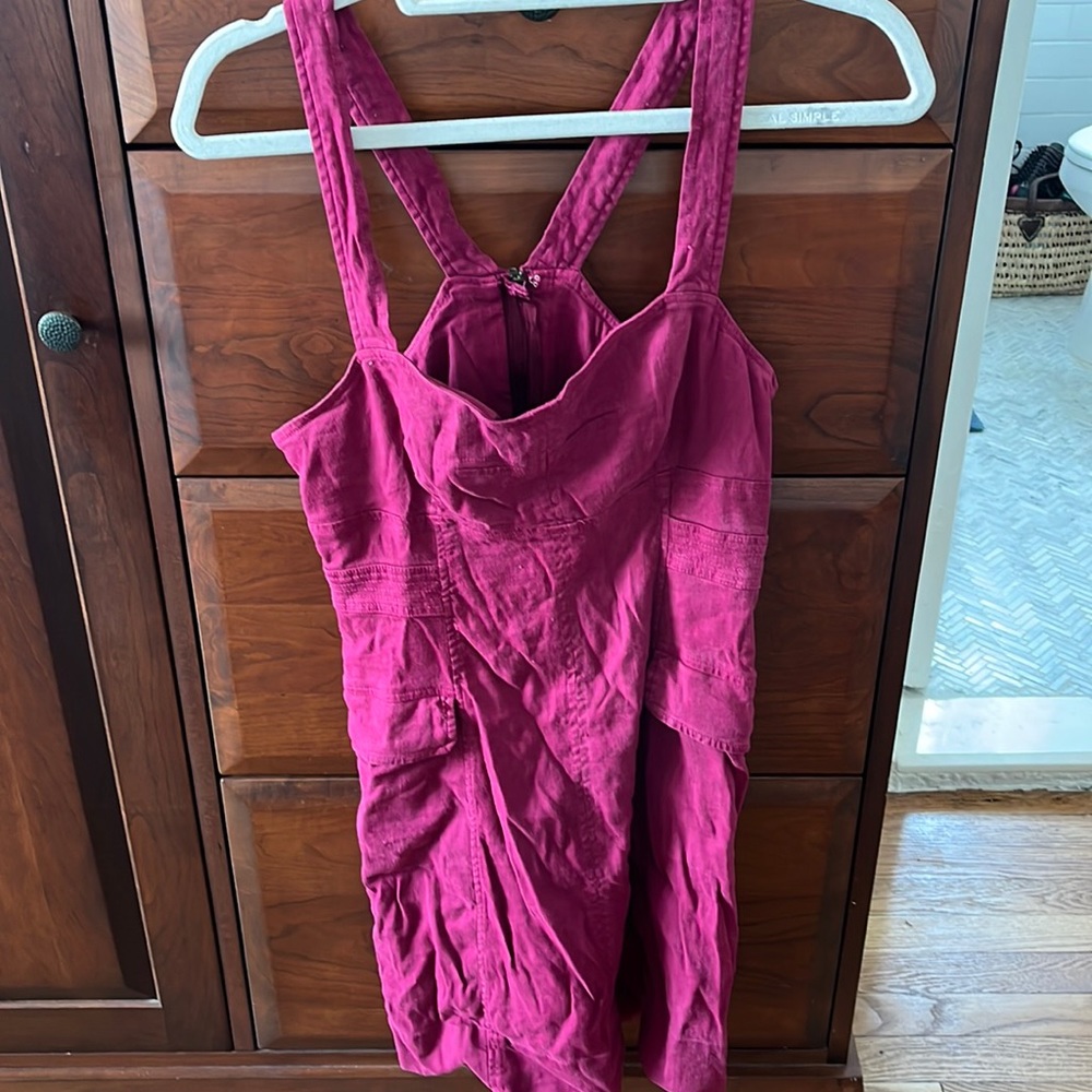 Anthropologie jumper mini dress linen blend raspberry color, NWT, front pockets